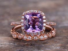 2pc 8mm Cushion Amethyst Engagement ring,petite rose gold plated,925 sterling silver stacking CZ Bridal ring,matching band,milgrain edge,art - BBBGEM Amethyst Wedding Ring, Amethyst Wedding Rings, Rose Gold Black Diamond, Black Diamond Necklace, Purple Ring, Amethyst Wedding, Ring Matching, Amethyst Ring Engagement, Cool Wedding Rings