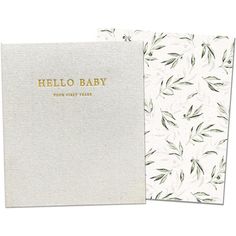 two notebooks with the words hello baby written on them, one in gold foil