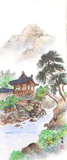 Traditional Art Watercolor, Korean Aesthetic Painting, Korea Landscape Painting, Korean Painting Traditional, Korean Art Aesthetic, Korean Landscape Painting, Korean Culture Art, Korea Traditional Design, Korea Name