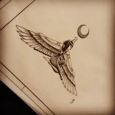 a drawing of a bird flying with a crescent moon in the sky above it's wings