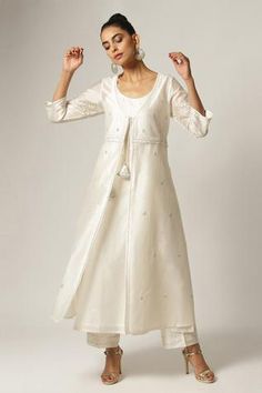 Shop for Anantaa by Roohi White Silk Chanderi Jacket With Kurta for Women Online at Aza Fashions White Long Jacket, Dabka Work, White Kurta, Embroidered Pants, Work Jacket, Silk Jacket, Work Jackets, Fashion App, U Neck