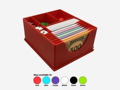 a red plastic file box filled with files