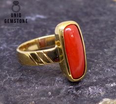 Natural Certified Coral(Moonga) Ring 3.80 to 8.30 Carat with Panchadhatu Astrology Ring for Unisex, Moonga Ring,For Mangal Dosh, Moonga Ring Gemstone - Red Coral Origin of Gemstone - Italian Mines Color of Gemstone - Red Weight of Gemstone- 3cts-8cts Gemstone Shape - Capsule Red Coral Info Red Coral is a precious, bright red organic gemstone formed in the deep sea by marine creatures called coral polyps (Corallium rubrum). It is a popular astrological gemstone worn to ensure success in leadershi