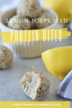 lemon poppy seed protein bites with text overlay