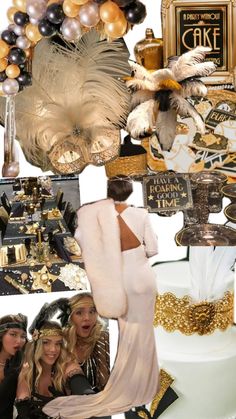 a collage of photos with gold, black and white items in the background including a cake