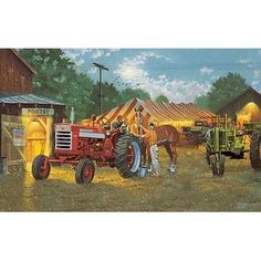 two men are standing next to an old tractor and farm equipment in front of tents