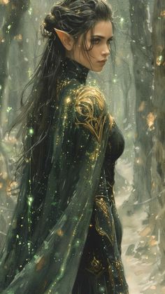 a painting of a woman with long hair wearing a green dress in the woods, surrounded by stars