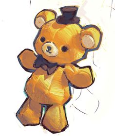 a drawing of a yellow teddy bear with a top hat and bow tie on it's chest