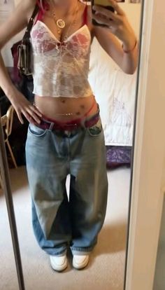 #aesthetic #fashion #outfit #style #inspiration #ahs Lace Tank Top Outfit Layered Y2k, Dress And Jeans Outfit Together Y2k, Baggy School Outfit, Baggy Jeans Small Top, Baggy Blue Jeans Outfit, Y2k Baggy Outfits, Fit Inspo Baggy Clothes, Lace Tops Outfit, Lace Top And Jeans