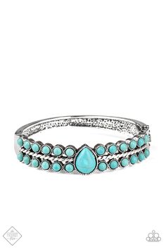 Dotted with a polished turquoise teardrop center, rows of dainty turquoise stones flank a thick silver bar that arcs across the wrist for an authentic look. Features a side hinged closure. Sold as one individual bracelet. P9SE-BLXX-323VK Nature Resort, Paparazzi Accessories Jewelry, October Fashion, Resort Fashion, Silver Frames, Silver Bar, Hinged Bracelet, Turquoise Stones, Paparazzi Accessories