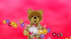 a brown teddy bear standing in front of a pink background with flowers and circles around it