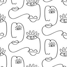 an abstract black and white background with many different faces in the style of line art