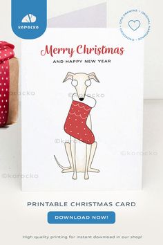 a christmas card with a cartoon dog wearing a red dress and holding a present box