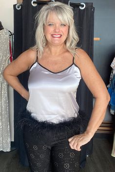 Reversible Silver on One Side, Black on The Other Feather Trim 95% Polyester, 5% Spandex Size S-L Sleeveless Feather Trim Party Tops, Sleeveless Feather Trim Tops For Spring, Sleeveless Tops With Feather Trim For Spring, Spring Sleeveless Tops With Feather Trim, Feather Trim, Discount Offer, Spandex, Satin, Trim