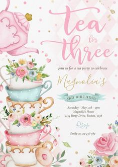 a birthday card with tea cups and flowers on top of each other, in pink