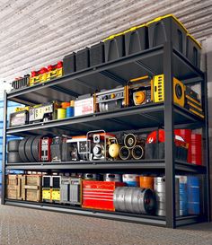 there is a shelf with many items on it in the room that looks like a garage