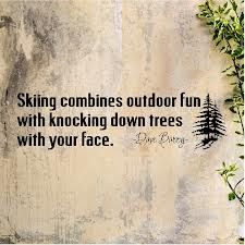 a quote on the side of a wall that says, skiing combines outdoor fun with knocking down trees with your face