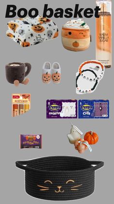 there are many items that can be found in the basket for halloween decorations and gifts