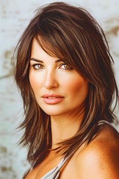 This medium-length straight shag is all about texture and depth, with choppy layers that create a lively, youthful appearance. The side-swept bangs frame the face beautifully. Click here to see more stunning medium-length hairstyles for women over 40. Medium Layered Hair, Medium Length Hair With Layers, Shoulder Length Hair Cuts, Medium Hair Cuts, Layered Cuts