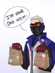 an image of a man holding two bags with the words i'm your dad now