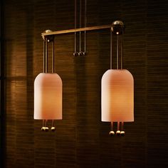 two lamps hanging from the ceiling in a room