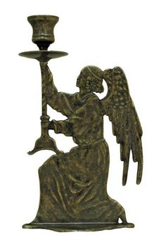 an angel holding a candle holder on a white background