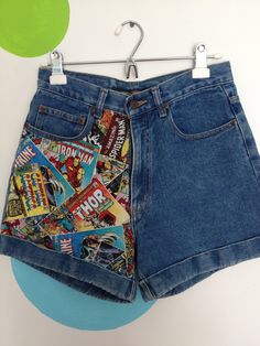 High Waisted Jean Shorts with Comic Book Fabric. $30.00, via Etsy. Marvel Outfits, Book Fabric, Skirt Ideas, High Waisted Jean, Androgynous Fashion, High Waisted Jean Shorts, Disney Diy, Pinterest Closet, Print Shorts