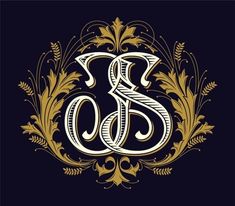 the letter s is made up of gold and black floral elements on a dark background