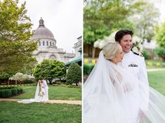 a bride and groom standing in front of the capitol building