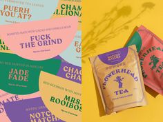 two bags of tea next to each other on a yellow background and an image of the same bag