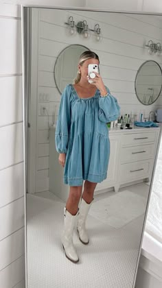 Free People Dress With Cowboy Boots, Dress Outfits Cowboy Boots, Free People Cowboy Boots Outfit, Boho Outfit With Cowboy Boots, Denim Dress With Cowgirl Boots, Blue Dress Cowboy Boots, Cowboy Boots Outfit Work, Denim Dress Cowboy Boots, Jean Skirt And Boots Outfit