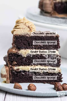 a stack of chocolate cake with different types of frosting and toppings on top