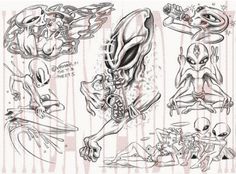 some alien drawings are shown in black and white