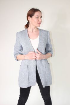 "Linen jacket is a simple and classic jacket for warmer or colder weather. This classic blazer is handmade from heavy weight linen and is perfect for casual wear or for office, you will always look elegant.  This oversized jacket with loose cut  and patch pockets is very comfortable and easy to wear. This jacket has one button at the waist and no lining. SIZING:  Garment measurements: Size XXS Bust: 92 cm / 36,2 \" Hips: 100 cm / 39,3 \" Sleeves: 62 cm / 24,4 \" Jacket length: 78 cm / 30,7 \" Si Winter Linen Tweed Jacket For Work, Tailored Linen Sport Coat For Winter, Tailored Linen Tweed Jacket For Winter, Tailored Linen Tweed Jacket For Fall, Fitted Linen Sport Coat For Winter, Fall Long Sleeve Linen Tweed Jacket, Tailored Linen Winter Outerwear, Tailored Linen Outerwear For Winter, Winter Linen Blazer With Notch Lapel