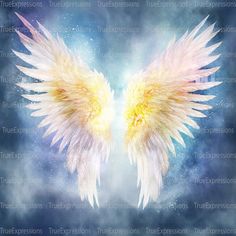 two white angel wings against a blue and purple background with stars in the sky behind them