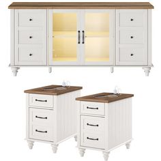 two white cabinets with wooden tops and drawers