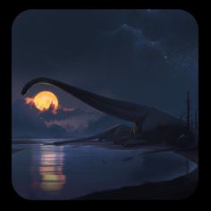 an artist's rendering of a dinosaur in the moonlight