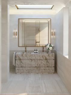 a bathroom with two sinks and a large mirror