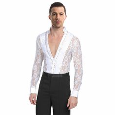 Please note: Your monitor color may vary from the actual product. Mens Long Sleeve Shirt See-Through Floral Lace Mesh Dancewear Latin Dance V Neck Please note this is in Asian sizing, smaller than western size e.g. UK, US, AU. Please check the measurements carefully before making a purchase. Please allow 2-4cm discrepancy due to different measurement method. If you are not sure which size to buy, please provide height and weight, we will recommend a suitable size.   S: chest 76-80cm/29-31in, wai