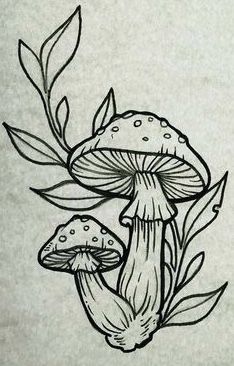 a black and white drawing of mushrooms with leaves on the bottom right hand corner is shown