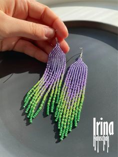 Violet Seed Bead Earrings Green Beaded Earrings Gradient Czech | Etsy Ukraine Purple Dangle Beaded Earrings With Spacer Beads, Purple Beaded Earrings With Colorful Beads, Purple Beaded Tassel Earrings Gift, Purple Tassel Earrings With Round Beads For Gift, Lavender Drop Beaded Earrings, Lavender Beaded Drop Earrings, Purple Beaded Earrings With Dangling Round Beads, Purple Beaded Dangle Tassel Earrings, Purple Beaded Dangle Earrings With Tiny Beads