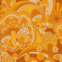 an orange and yellow abstract painting with mushrooms, flowers, and butterflies in the background