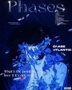 a magazine cover with an image of a woman surrounded by blue flowers and fish in the background