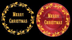 a red and yellow christmas plate with the words merry christmas written in gold on it