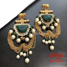 Amrapali Inspired Long Meenakari Golden Jhumka Earrings with Pearl beads Golden Jhumka Earrings, Sabyasachi Earrings, Golden Jhumka, Kundan Chandbali, Earrings Kundan, Chandbali Earrings, Earrings Indian, Traditional Earrings, Emerald Bead