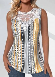 Color:Light Yellow;Size:S;Size:M;Size:L;Size:XL;Size:XXL;Package Contents:1 X Tank Top;Style:Casual; Bohemian Stretch Sleeveless Tank Top, Bohemian Stretch Sleeveless Tops, Sleeveless Bohemian Stretch Top, Mix Match Outfits, Sewing Blouses, Best Tank Tops, Lovely Tops, Printing Design, Lace Patchwork