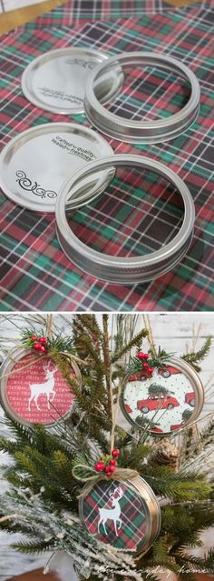 mason jar ornaments are hanging from a christmas tree with red and green plaid fabric on them