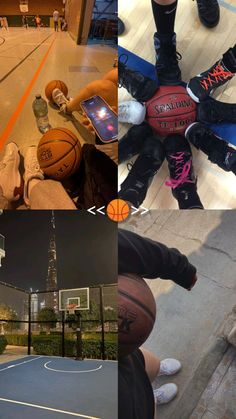 four different shots of people with basketballs on the ground and in front of them