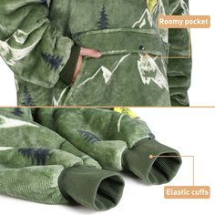 the details of a green robe with trees and mountains on it, showing how to fold