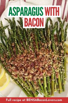 asparagus with bacon on a white plate